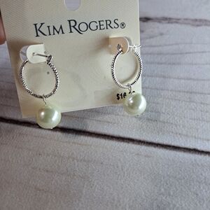 Kim Rogers Silver Tone and Faux Pearl Hoop Earrings